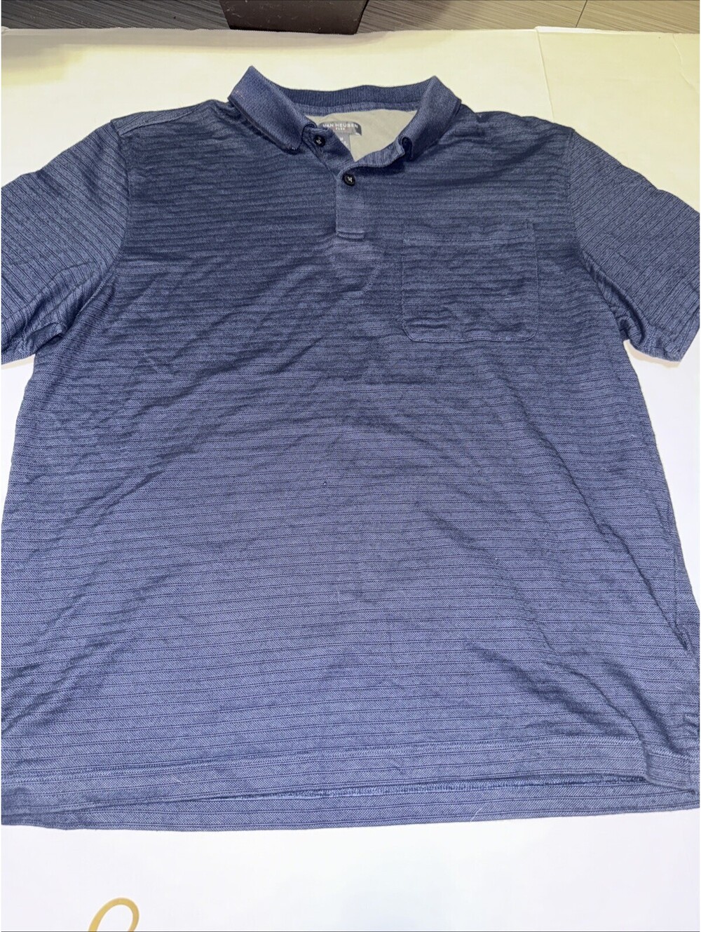Van Heusen Flex Mens Med Blue Striped Short Sleeve Pocket Polo Shirt Classic Fit